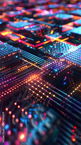 Close-up of illuminated electronic circuit board - Macro shot of a vibrant illuminated electronic circuit board intricately designed, symbolizing data flow and connectivity