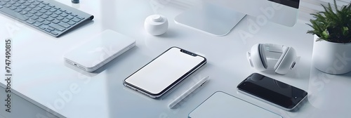 Minimalist tech gadgets on white desk setup - A clean, modern workspace with various technology gadgets neatly organized, implying productivity and organization