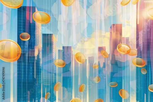 Business and finance concept with abstract skyscrapers and floating coins Symbolizing growth and financial success