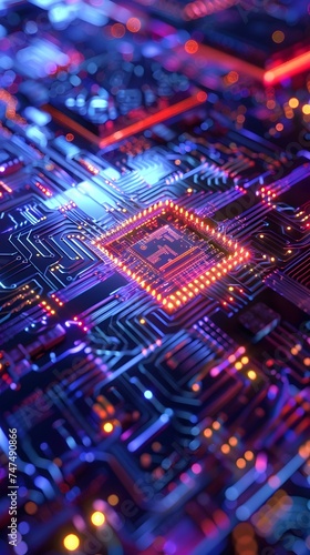 Vibrant circuit board with glowing lights - Close-up of a circuit board highlighting technology and data processing with illuminating red and blue lights