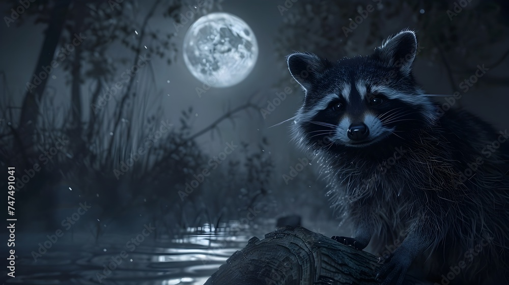 Raccoon by moonlit swamp at night - A serene scene showing a raccoon on a log with the luminous full moon in the background