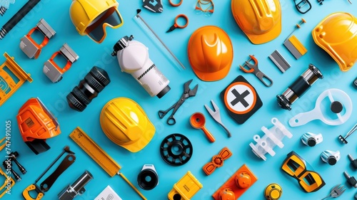 flat design illustration presents a collage of construction and safety icons, highlighting the key elements of a safe and healthy workplace