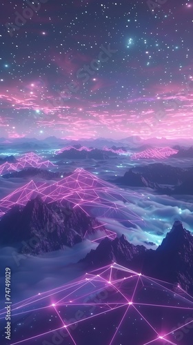 Neon pink and blue mountain landscape - A dreamy digital artwork of neon pink and blue mountain ranges under a starry night sky, conveying a sense of wonder © Mickey