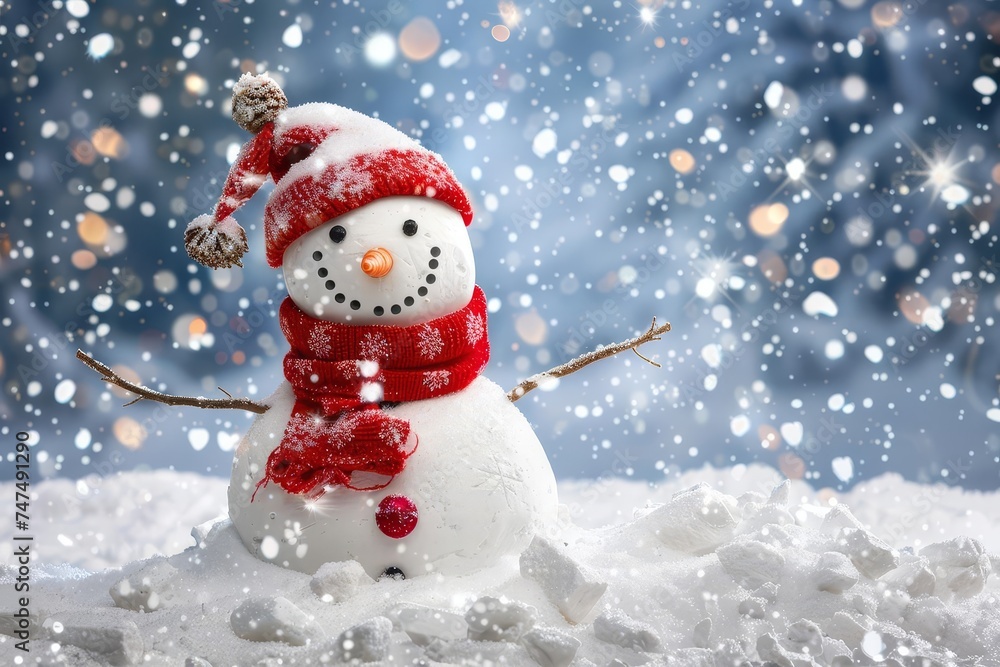 Cheerful snowman surrounded by a winter wonderland with falling snowflakes and a clear night sky