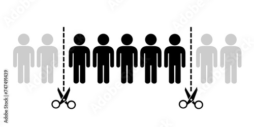 Group and collective of people is reduced and cut by scissors. Layoff, dismissal, redundancy, downsizing and suspension of superfluous and redundant man. Vector illustration isolated on white.