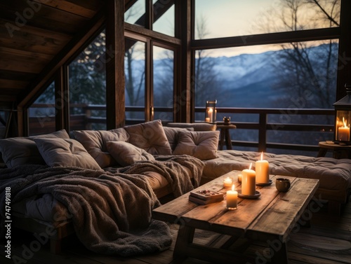 Inside a cozy cabin nestled in the snowy mountains, a roaring fireplace casts a warm glow across rustic wooden beams and knitted blankets © Stock Khan