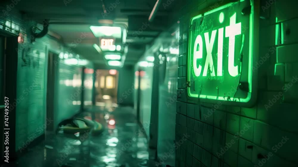 Emergency Sign Texture Emergency exit sign in green-lit corridor. Safety and guidance concept ...