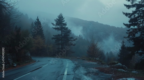 Dark misty day with empty Winding mountain road © Emil