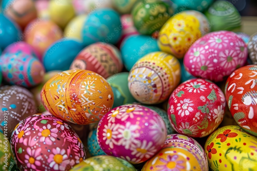 Colorful easter eggs artfully arranged in a vibrant display Celebrating the tradition and joy of the easter holiday.