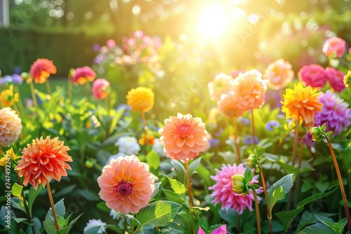 Colorful dahlia garden after rain Showcasing the vibrant beauty of nature with a soft Sunset glow