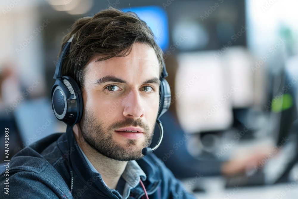 Contact center agent with a headset in a modern office Showing customer service and communication - obrazy, fototapety, plakaty 
