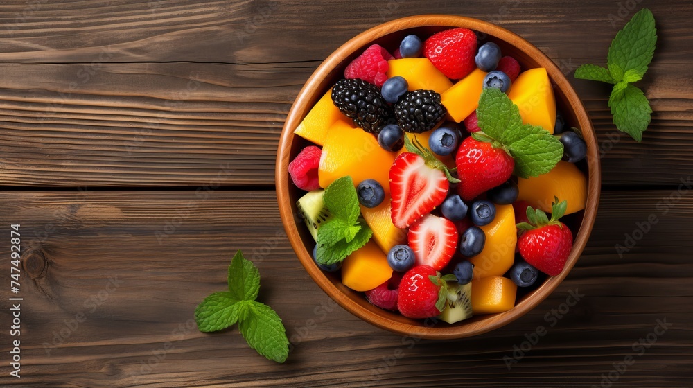 Bowl of healthy fresh fruit salad on wooden background. Top view Bowl of healthy fresh fruit salad on wooden background. Top view