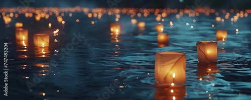 Paper lanterns float on dark water. Traditional Floating Lantern Festival, Memorial Day