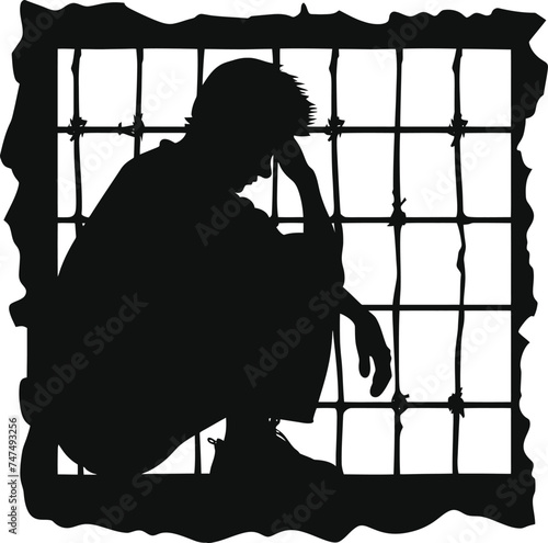 Silhouette prisoner in jail black color only full body