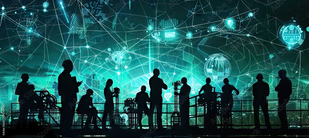 silhouettes of an industrial work team in a contemporary setting, is surrounded by various global organizations and icons