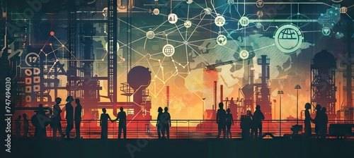 silhouettes of an industrial work team in a contemporary setting, is surrounded by various global organizations and icons