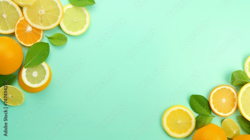 Citrus slices and mint herbs frame on retro mint pastel background with copyspace from above. Top view of lemon and orange refreshment. Summer fruit smoothie minimal banner design Citrus slices and mint herbs frame on retro mint pastel background with copyspace from above. Top view of lemon and orange refreshment. Summer fruit smoothie minimal banner design