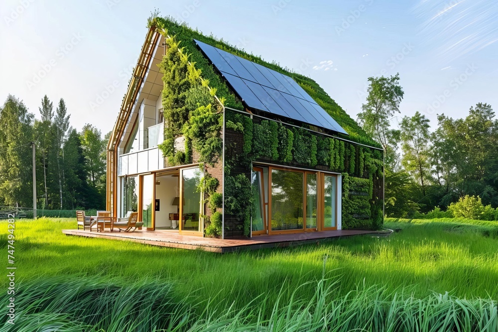 Eco-friendly house concept with renewable energy solutions Set in a sustainable living environment Highlighting green construction practices. Eco-friendly house concept with renewable energy solutions Set in a sustainable living environment Highlighting green construction practices.