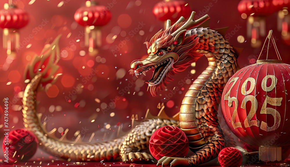 the gold and red chinese dragon is standing beside the red mountain 