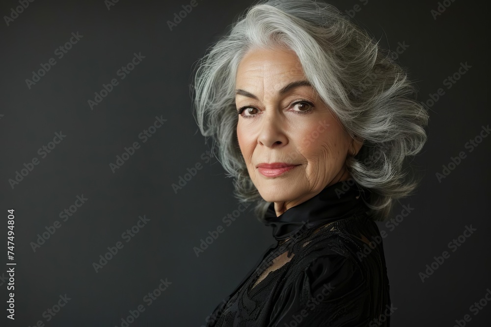Elegant portrait of a mature woman with graceful grey hair Symbolizing beauty Wisdom And confidence
