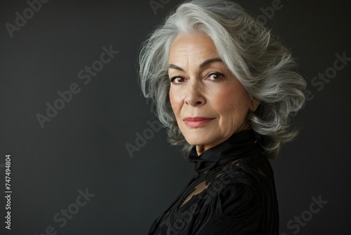 Elegant portrait of a mature woman with graceful grey hair Symbolizing beauty Wisdom And confidence