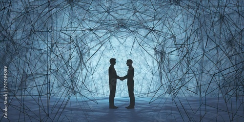 two people shaking hands in a business environment over a network