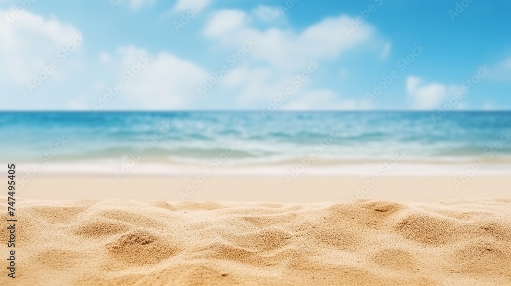 Close up sand with blurred sea sky background, summer day, copy space or for product. Panorama Close up sand with blurred sea sky background, summer day, copy space or for product. Panorama