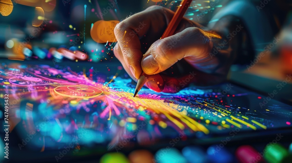 Creativity and inspiration are symbolized as vibrant splashes of color burst from a light bulb painted by hand on a digital tablet.