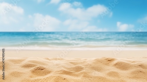 Close up sand with blurred sea sky background, summer day, copy space or for product. Panorama