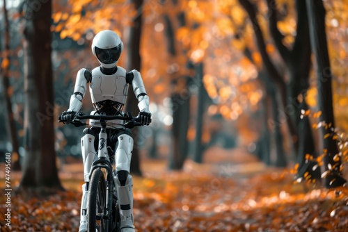 Futuristic concept of a humanoid robot experiencing joy while cycling through an autumn park photo