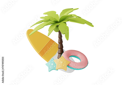 Photography Summer elements 3d icon set clipart isolated on background, Minimal Realistic objects for mock-up with summer theme, beach umbrella, sand, inflatable ring, vacation time to travel