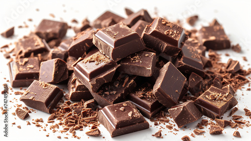 Pile chopped, milled chocolate isolated on white, top view