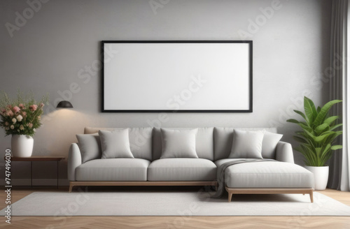 empty mockup picture frame on the wall  minimalist interior  interior of a modern living room  lounge area with a gray sofa  indoor plants  poster template