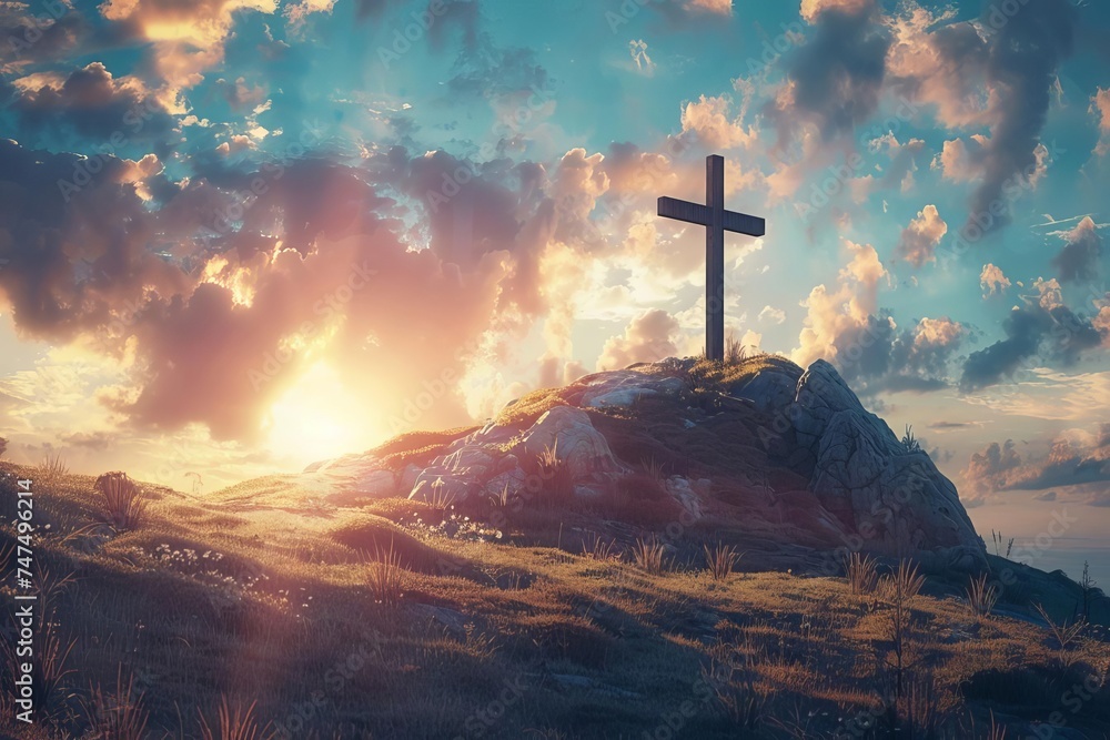 Holy week concept with a cross on a hill Illuminated by the setting sun Symbolizing faith Redemption And spiritual reflection - obrazy, fototapety, plakaty 