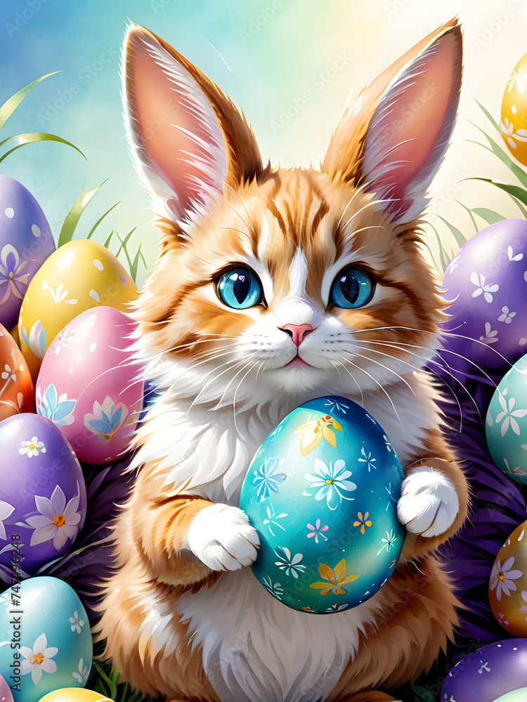 Watercolor Easter cat with bunny's ears illustration. Easter decorated eggs and flowers. Greeting cards, poster, print