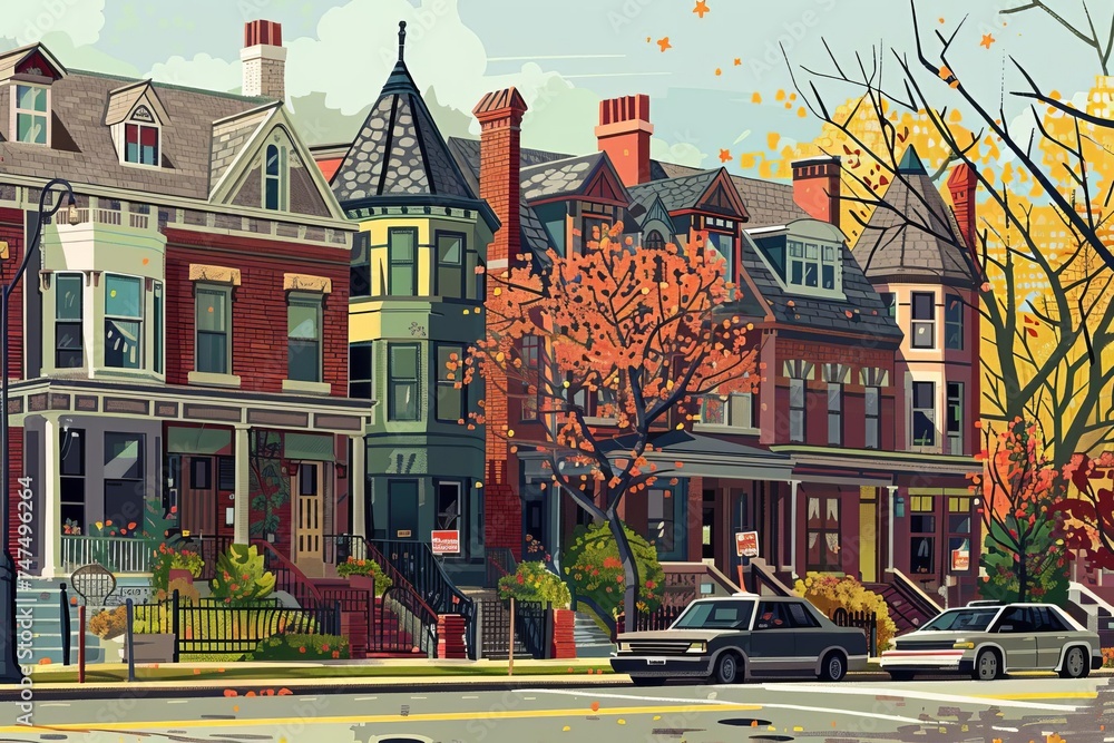 Illustrated street scene with a variety of house fronts Capturing the ...