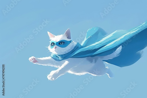 Illustration of a superhero cat wearing a blue cloak and mask Leaping heroically against a light blue background photo