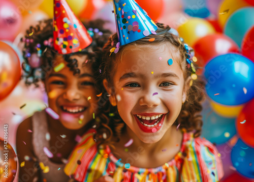 Two smiling girls with balloons and confetti, children celebrating a birthday party