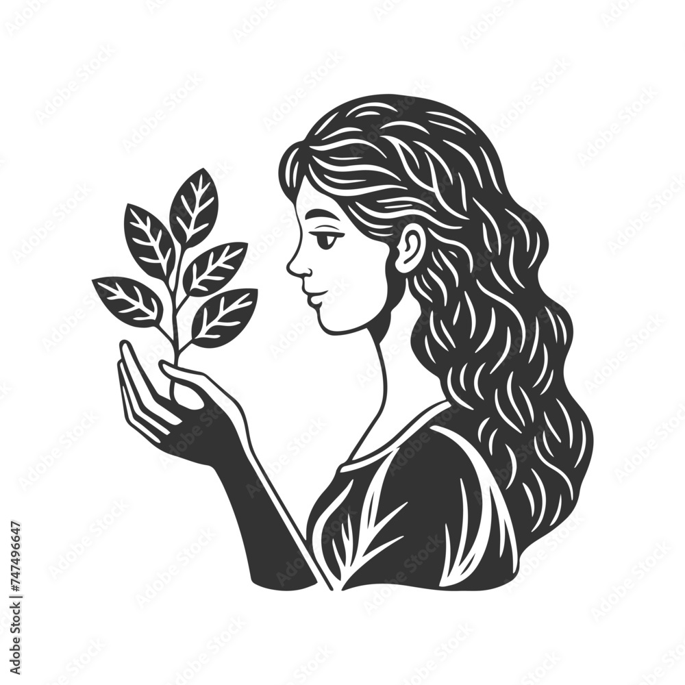 Woman holding growing tree, mental health, self care or gardening. Black and white silhouette illustration. Logo. Vector Woman holding growing tree, mental health, self care or gardening. Black and white silhouette illustration. Logo. Vector
