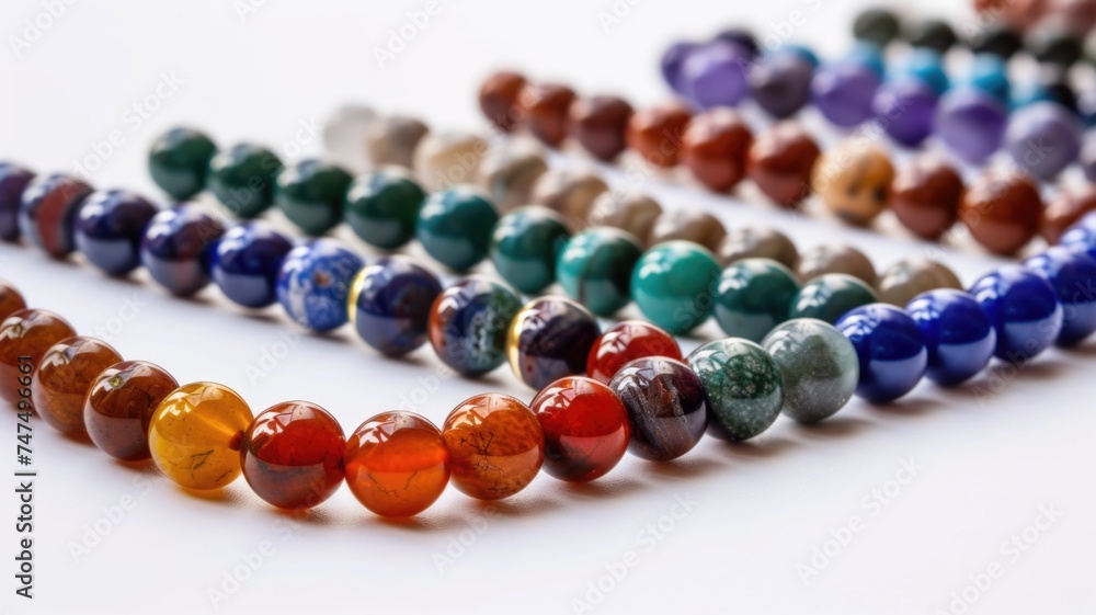 Close-up of a multi-colored gemstone bead bracelet, showcasing a variety of polished stones with a soft focus on a white background Close-up of a multi-colored gemstone bead bracelet, showcasing a variety of polished stones with a soft focus on a white background