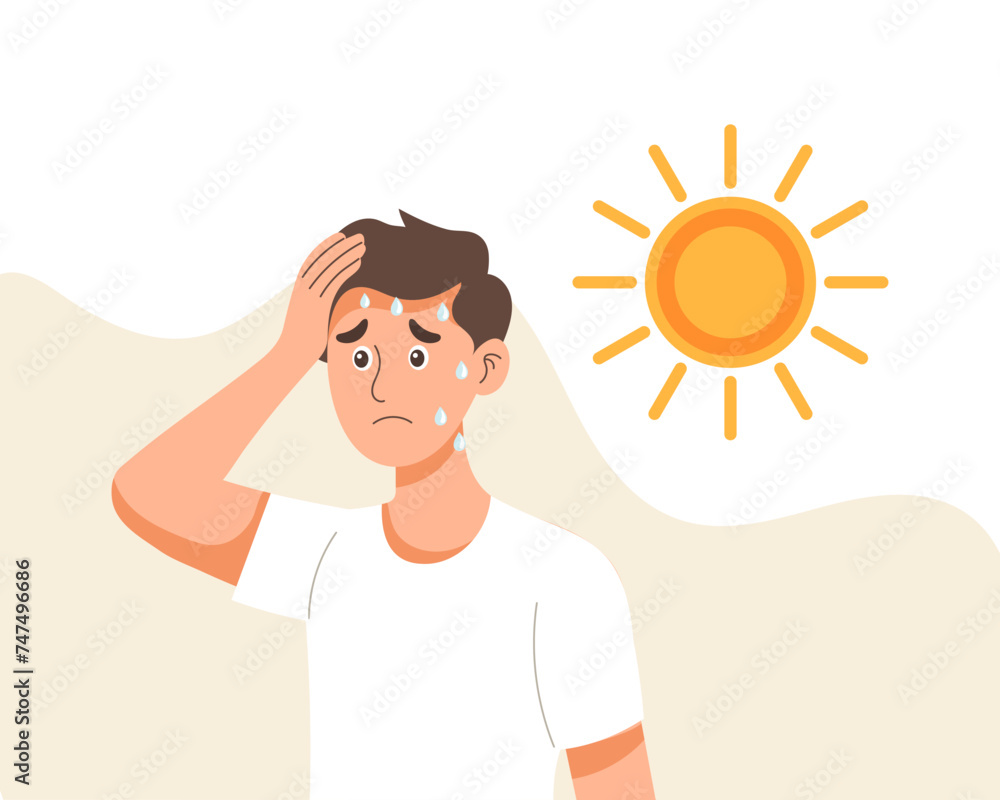 Young man with headache from sunstroke or heat. Healthcare and medicine. Illustration, vector Young man with headache from sunstroke or heat. Healthcare and medicine. Illustration, vector