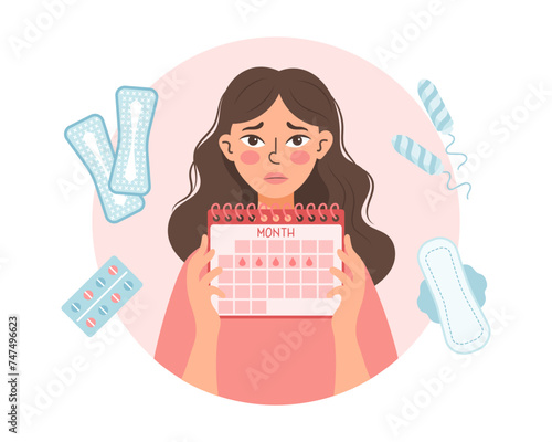 Sad woman with a menstrual calendar in her hands. Healthcare and medicine. Illustration, vector