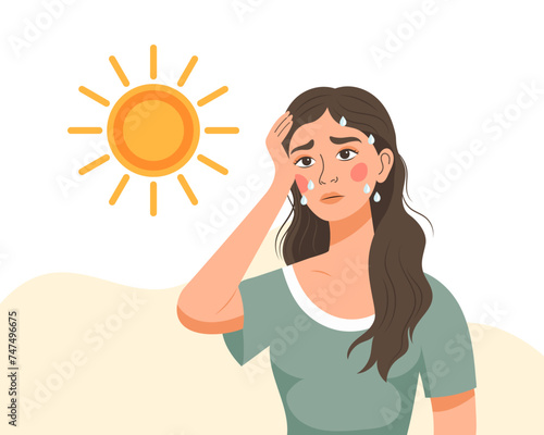 Young woman with headache from sunstroke or heat. Healthcare and medicine. Illustration, vector