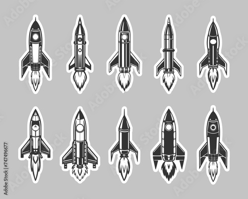 Set of space rockets and shuttles. Icons, stickers. Black and white silhouettes. Vector