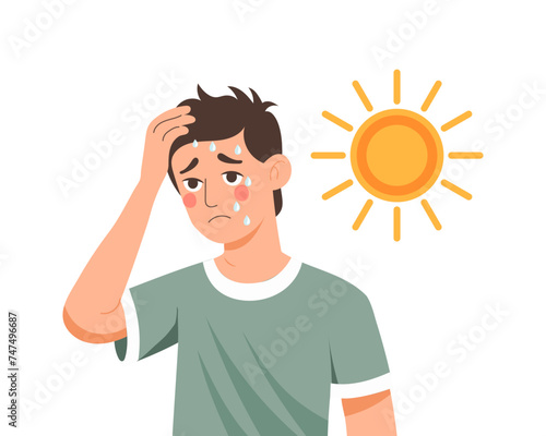 Young man with headache from sunstroke or heat. Healthcare and medicine. Illustration, vector
