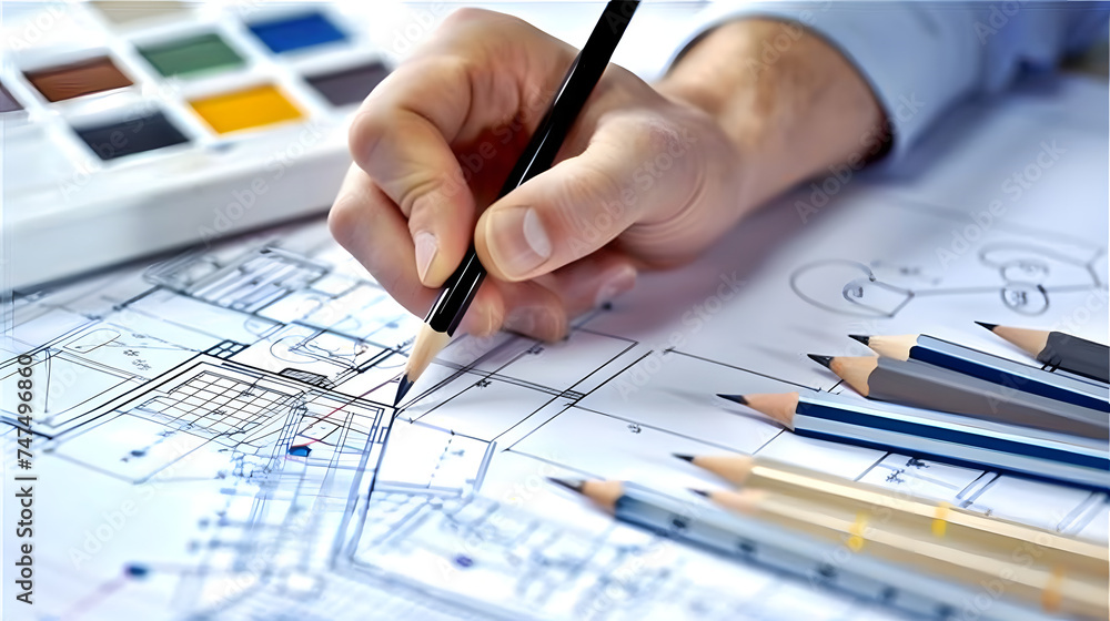 Architect designer Interior creative working hand drawing sketch Architect designer Interior creative working hand drawing sketch