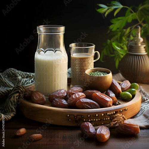 Ramadan food, with dates palm arranged on a wooden board and a glass of milk