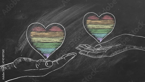 Male and female palms with rainbow hearts. LGBT, LGBTQIA rights and gender equality concept. Pride month. Declaration of love, acceptance of feelings, giving love. photo