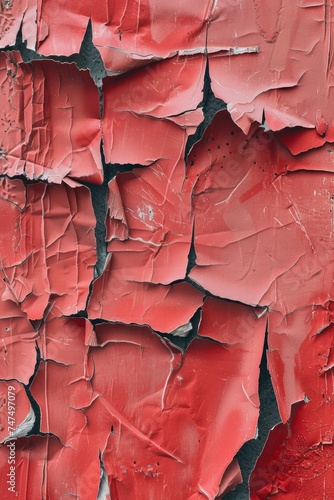 Detailed view of peeling red paint on a wall. Ideal for backgrounds or texture images