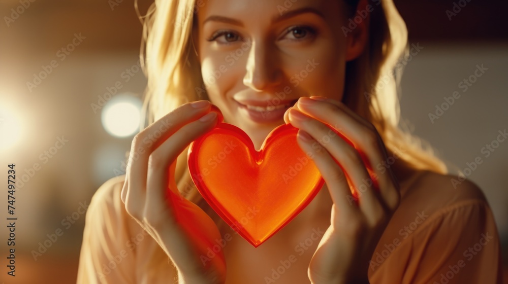 A woman holding a heart shaped object, perfect for Valentine's Day concepts A woman holding a heart shaped object, perfect for Valentine's Day concepts